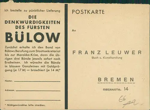 Ansichtskarte  Fürst Bülow - Künstlerkarte Buchhandlung Leuwer Bremen 1940