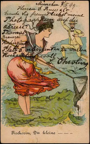 Scherzkarte Frau beim fischen - Mann im Anzug Fischer / Angler 1911