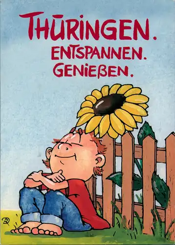 GENIEßEN. ENTSPANNEN. Thüringen Junge unter Sonnenblume Scherzkarte 1999