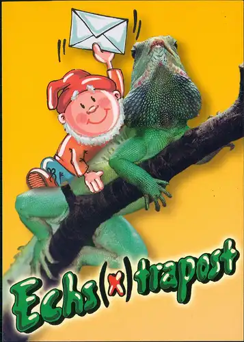 Ansichtskarte  Scherzkarte Zwerg auf Riesenechse Echs(x)trapost 1999
