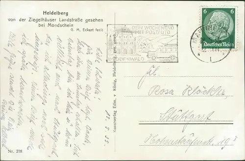 Heidelberg  Mondschein von der Ziegelhäuser Landstraße Stimmungsbild 1935