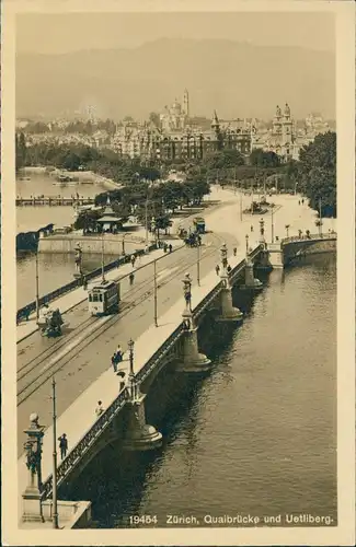 Ansichtskarte Zürich Quaibrücke und Uetliberg - Straßenbahn, Fotokarte 1923