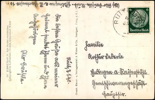 Ansichtskarte Ruit Luftbild Flugzeug aus b. Stuttgart 1940 Stempel RUIT