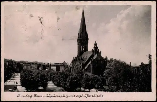Ansichtskarte Bromberg Weychernplatz, Pfarrkirche 1936