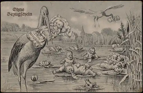 Ansichtskarte  Scherz AK: Ohne Bezugschein (Stroch mit Kindern) 1917