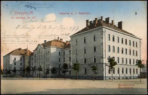 Äußere Neustadt-Dresden Kaserne 12. Inf.-Regt. No. 177., handcolorierte AK 1910
