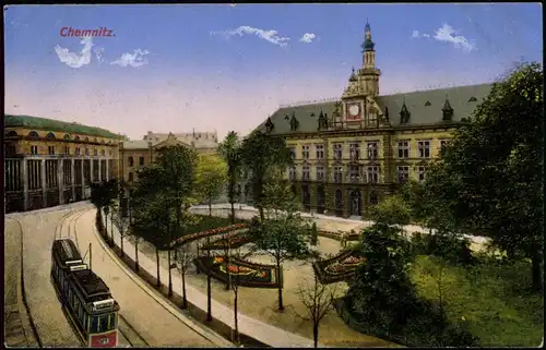 Ansichtskarte Chemnitz Straßenpartie und Straßenbah 1914