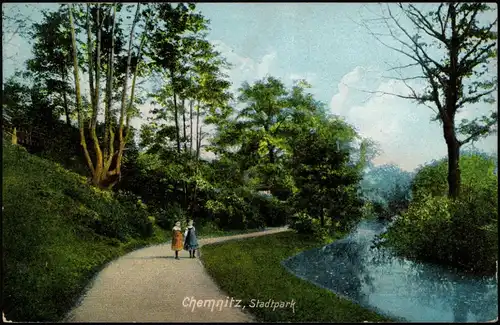 Ansichtskarte Chemnitz Stadtpark 1915  gel. Feldpoststempel Reserve Lazarett C.