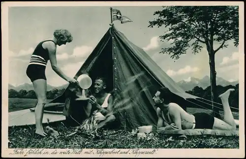 Reklame Werbung Fahr fröhlich weite Welt, mit Klepperboot und Klepperzelt. 1928