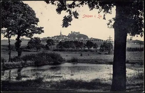 Ansichtskarte Stolpen Blick über den Teich auf den Burgberg 1909