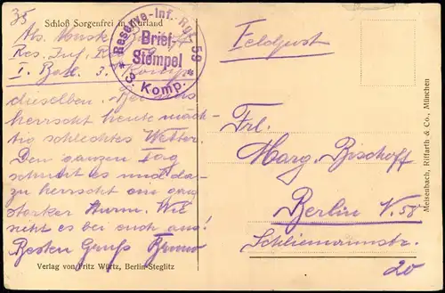 Kurlan- Schloß Sorgenfrei Kurzeme Lettland Latvia 1917 gel. Feldpoststempel WK1