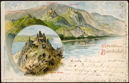 Kamp Bornhofen Litho-Gruss-Aus Ortsansichten Burgen Rhein Partie 1898