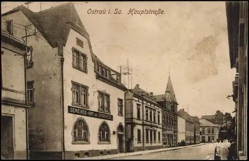 Ansichtskarte Ostrau (Sachsen) Hauptstraße, Gemeinde-Amt, Sparkasse 1910