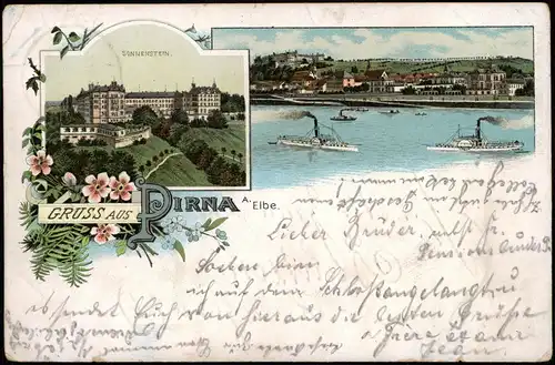 Ansichtskarte Litho AK Pirna 2 Bild: Stadt, Dampfer und Sonnenstein 1896