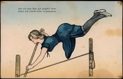 Stab gut umgeh'n   beliebt beim Turnersmann. Scherzkarte Sport - Frau 1908