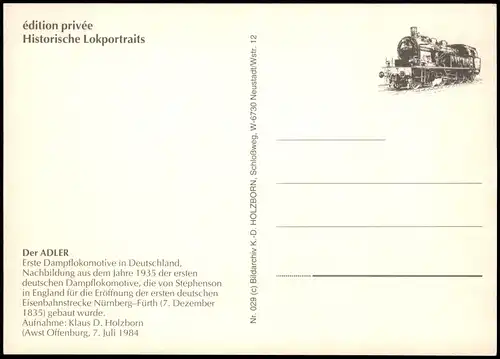 Motivkarte Verkehr & Eisenbahn Erste Dampflokomotive ADLER 1984