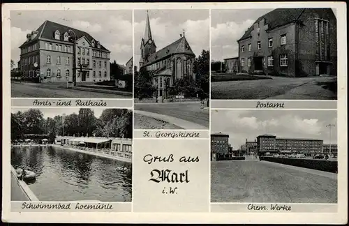Ansichtskarte Marl (Westfalen) MB: Postamt, Chemische Werke, Schwimmbad 1940