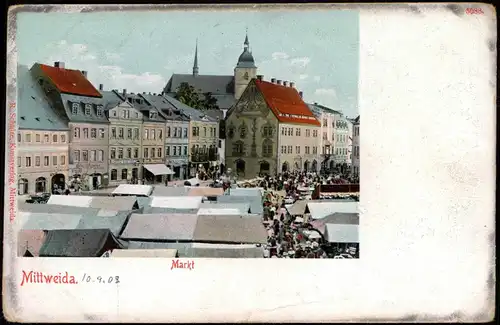 Ansichtskarte Mittweida Marktplatz Markt Marktstände, Stadt-Teilansicht 1908