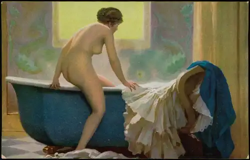 Ansichtskarte  Künstlerkarte: Erotika Frau steigt in die Wanne 1915