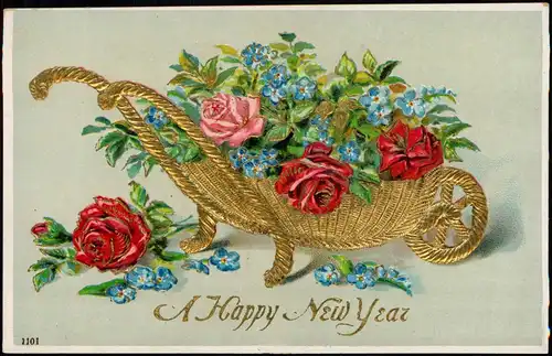 Neujahr Sylvester New Year Rosen und goldener Schubkarre 1906 Prägekarte