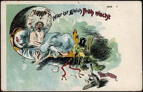 Ansichtskarte  Hier ist gleich früh nischt Scherzkarte wütender Mann 1905