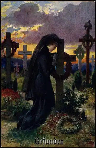 Ansichtskarte  Künstlerkarte Gemälde Kunstwerk "Gefunden" Frau am Grab 1920