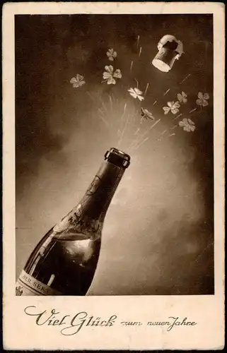 Ansichtskarte  Neujahr Sylvester New Year Glück spritzende Sektflasche 1930