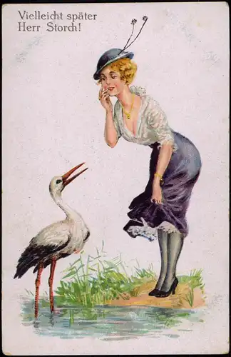 Künstlerkarte "Vielleicht später Herr Storch!" Frau mit Storch 1910