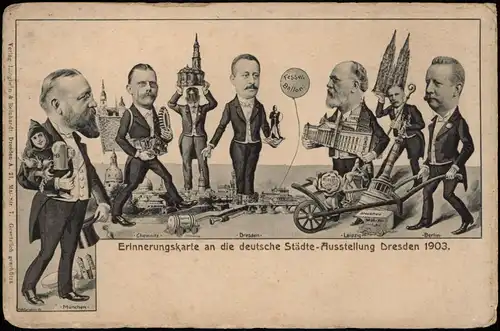 Ansichtskarte Dresden Städte-Ausstellung Scherzkarte Männer Bauwerke 1903