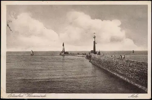 Ansichtskarte Warnemünde-Rostock Mole 1932   gelaufen mit Stempel ROSTOCK