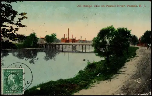 Postcard Passaic Old Bridge, view on Passaic River, Passaic, N. J. 1911