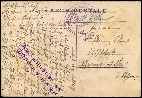 CPA Lille Gare (Bahnhof) Autos 1916   1. WK Feldpost gel Militär-Zusatzstempel