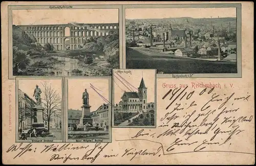 Reichenbach (Vogtland) Mehrbild-AK Bismarck-Denkmal, Brücke Ortsansichten 1907