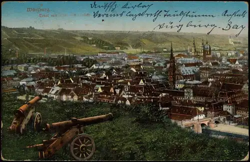 Ansichtskarte Würzburg Panorama-Ansicht mit Kanonen 1916  Briefstempel 1. WK