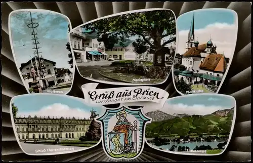Prien Mehrbildkarte mit Maibaum, Marktplatz, Pfarrkirche uvm. 1960
