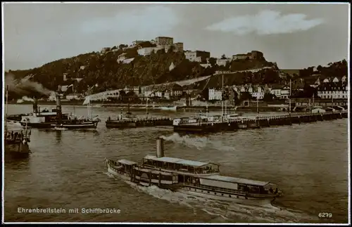Ehrenbreitstein-Koblenz Schiffe passieren Schiffbrücke und Burganlage 1928