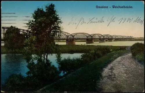 Postcard Graudenz Grudziądz Weichselbrücke 1915  gel. Feldpoststempel