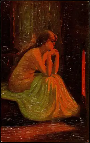 Künstlerkarte: Gemälde Kunstwerke Am Feuer A. Booda  -Oelkunst-Postkarte 1913