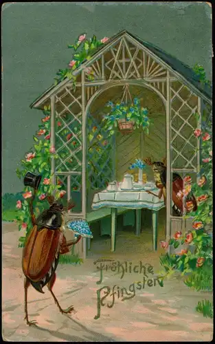 Glückwunsch: Pfingsten Maikäfer beim Kaffeetrinken 1911 Goldrand