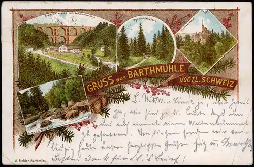 Litho AK Barthmühle-Pöhl 4 Bild: Ruine, Pyramide, Bahnhof 1899