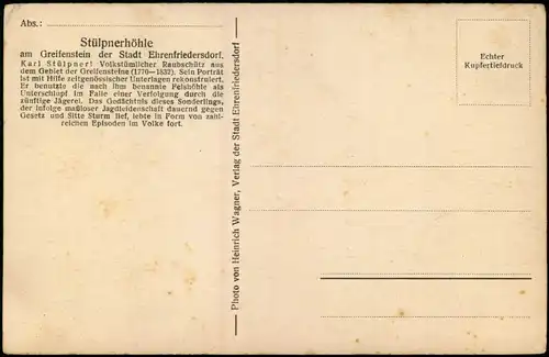 Ansichtskarte Ehrenfriedersdorf 2 Bild: Stülpnerhöhle am Greifenstein 1928