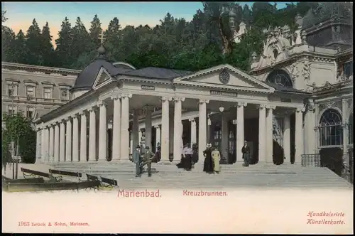 Marienbad Mariánské Lázně Kreuzbrunnen. Handcolorierte Künstlerkarte 1906