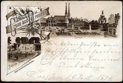 Litho AK Innere Altstadt-Dresden Sophienkirche Zwinger, Brühlscheterrasse 1894