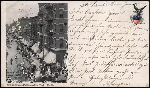 Postcard New York City Judaica/Judaika Hetser Street Jewish Quartier 1901