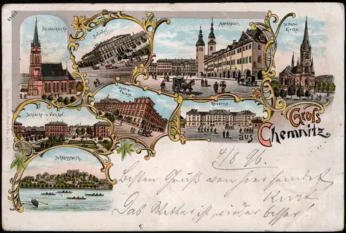Ansichtskarte Litho AK Chemnitz Justizpalast, Viehhof, Markt, Bahnhof 1896