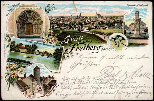 Litho AK Freiberg (Sachsen) Kreuzteich mit Kreuzmühle, Donathsturm 1896