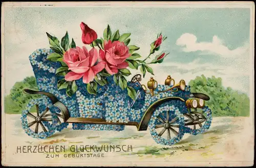 Glückwunsch Geburtstag Birthday Blumen-Auto Prägekarte 1913 Prägekarte