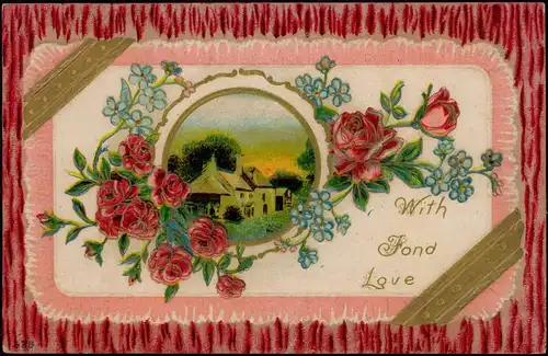 Liebe Liebespaare - Love Rose With Fond Love 1910 Goldrand/Prägekarte
