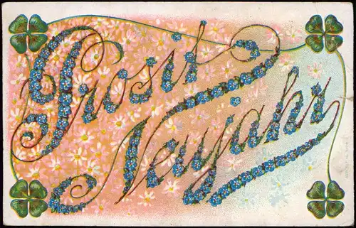 Neujahr Sylvester New Year Feilchen Kleeblatt - Prägekarte 1906 Prägekarte