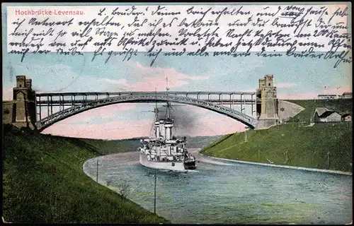Ansichtskarte Suchsdorf-Kiel Levensauer Hochbrücke, Kriegsschiff Dampfer 1906